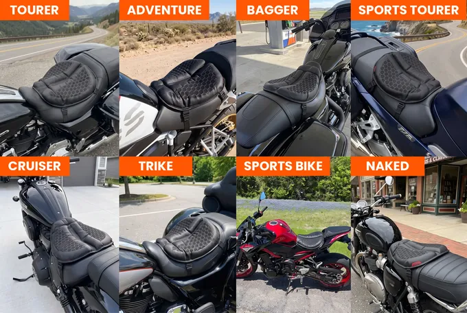 SelleZen fitted on eight types of bike: tourer, adventure bike, bagger, sports tourer, cruiser, trike, sports bike, naked bike