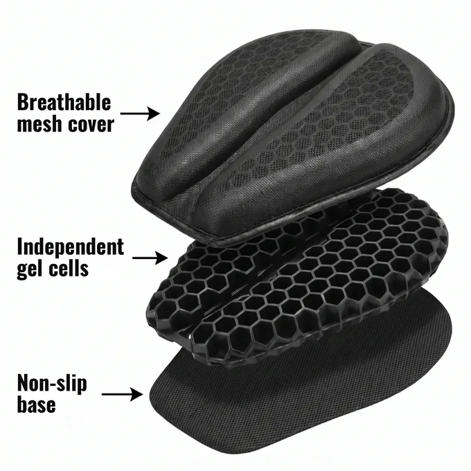 Exploded view: breathable mesh cover, independent gel cells, non-slip base